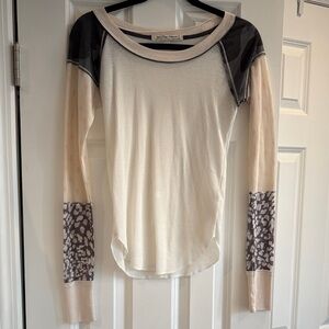Free People Cream and Gray Patchwork Long Sleeve Top